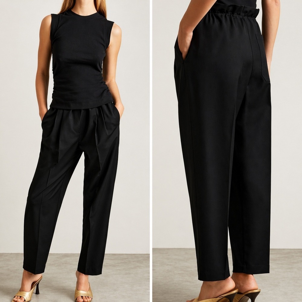 Reiss NEW Essie Black Drawstring Waist Tapered Paperbag Trouser Pants SZ US 8